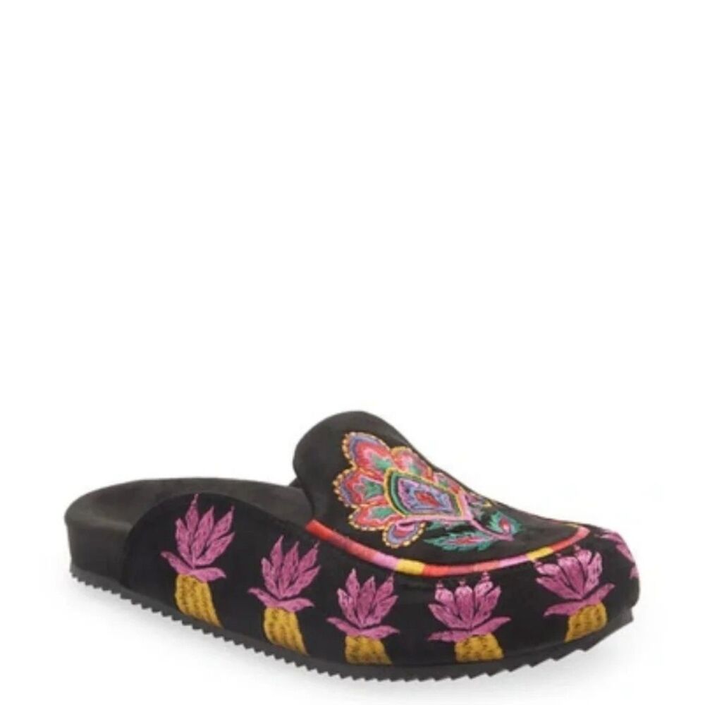 FARM Rio Black Velvet Tapestry Clog Mule Embroidered Boho Shoes NWOB Size 7